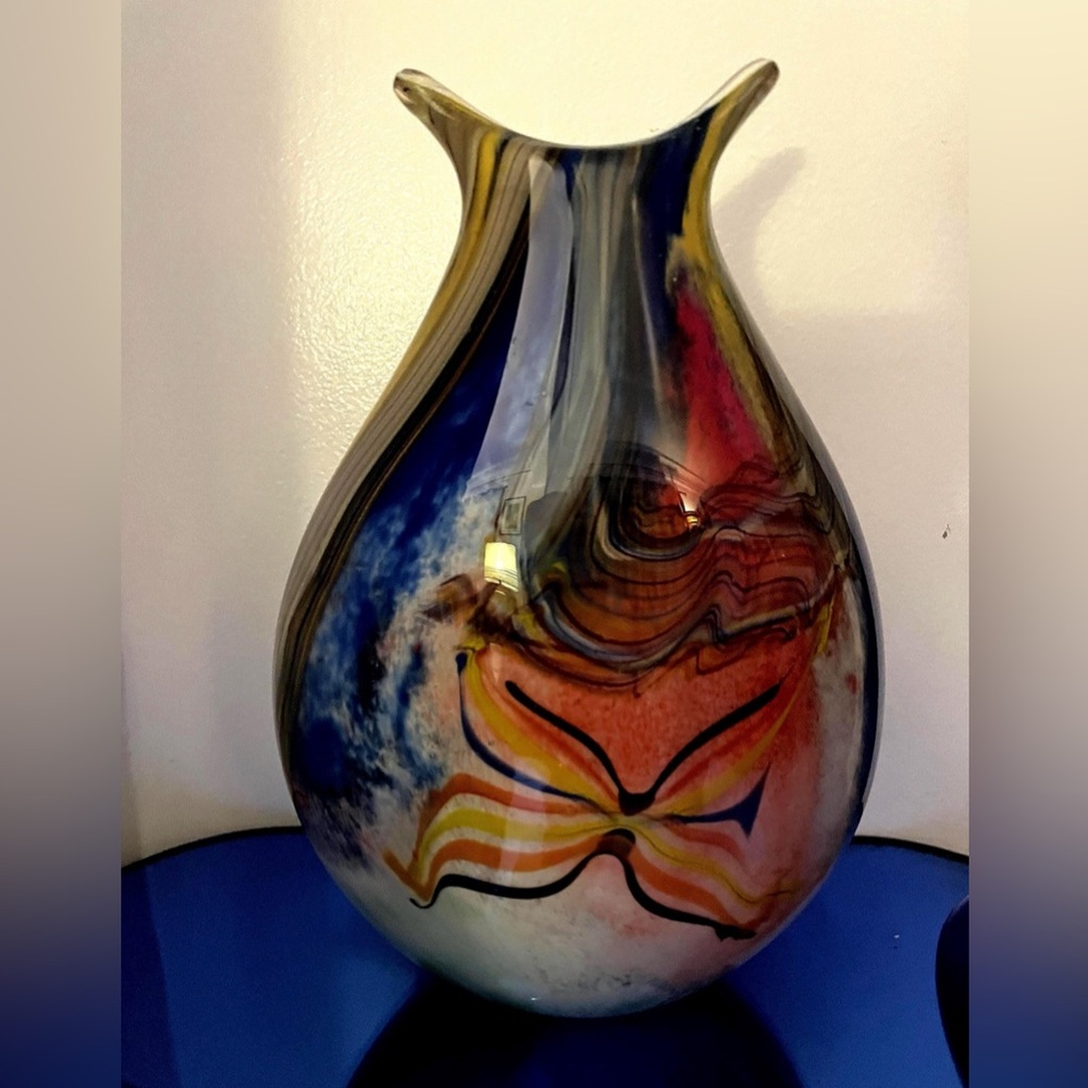 Murano Style Large Art Glass Vase Hand Blown 11.5 Reds,Blues, Greens Fluted Top.
